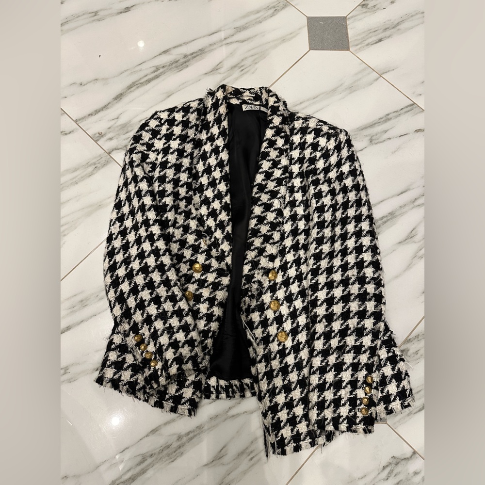 Zara Houndstooth Blazer Gold Button Limited Edition Jacket Inspired Designer - Picture 2 of 8